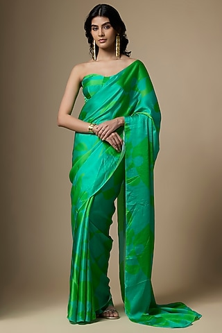 Greenish Blue Satin Silk Abstract Printed Saree Set by Ranbir Mukherjee