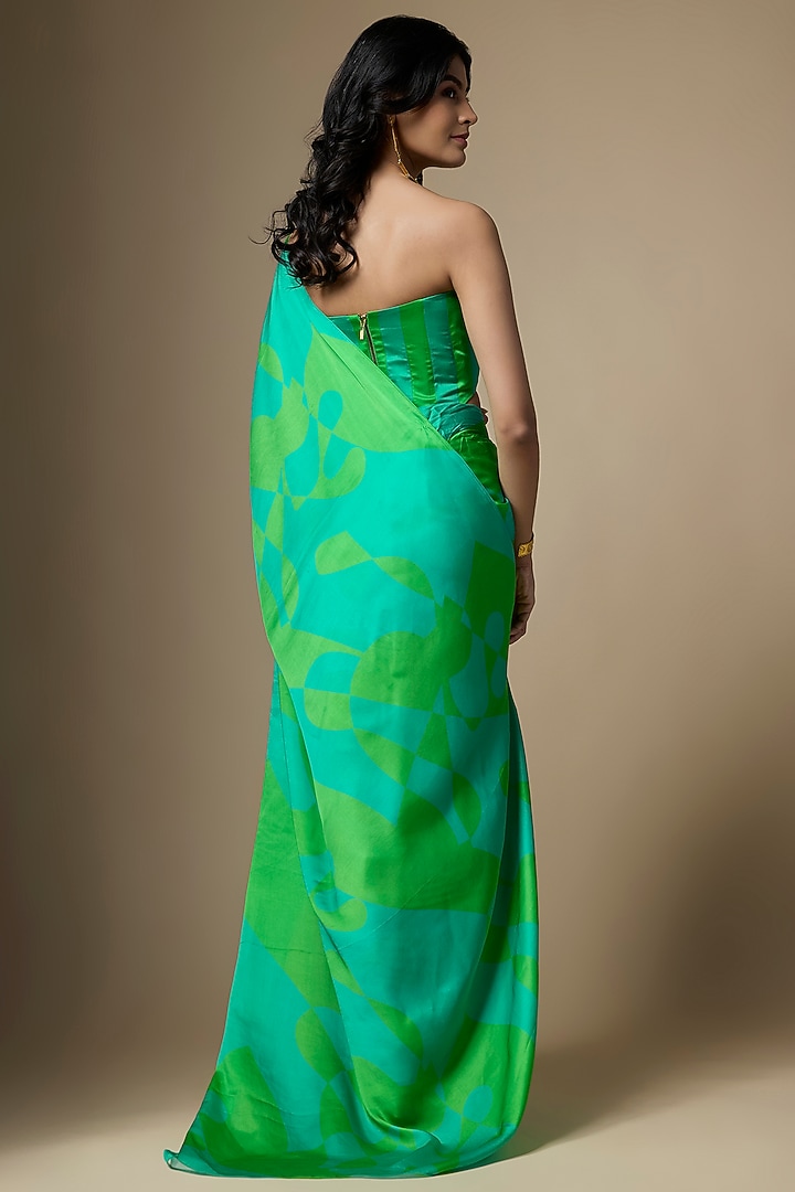 Greenish Blue Satin Silk Abstract Printed Festive Saree Set by Ranbir Mukherjee at Pernia's Pop Up Shop
