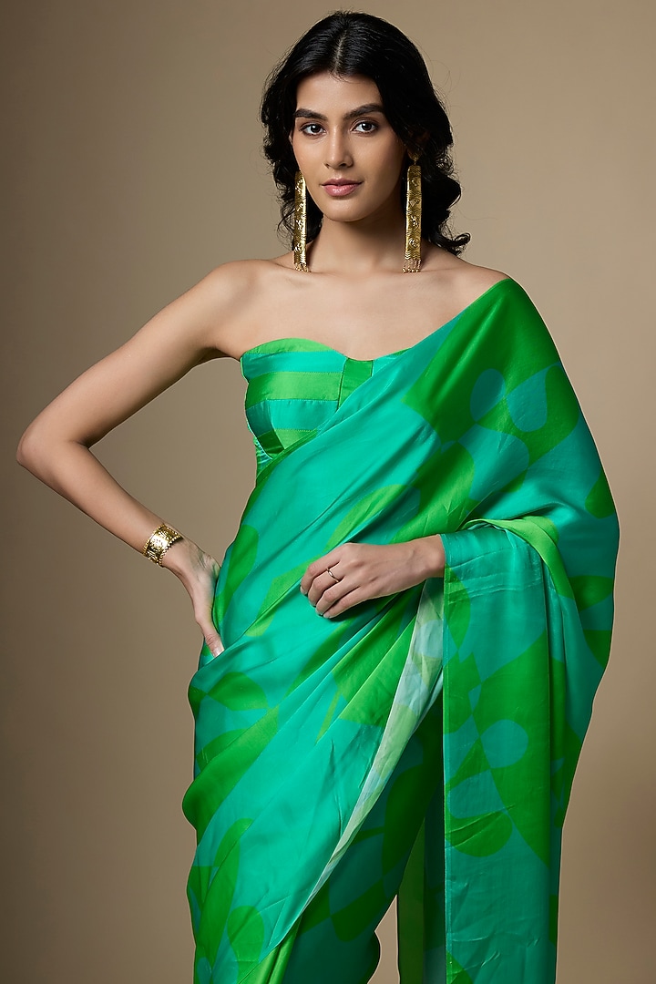 Greenish Blue Satin Silk Abstract Printed Festive Saree Set by Ranbir Mukherjee at Pernia's Pop Up Shop