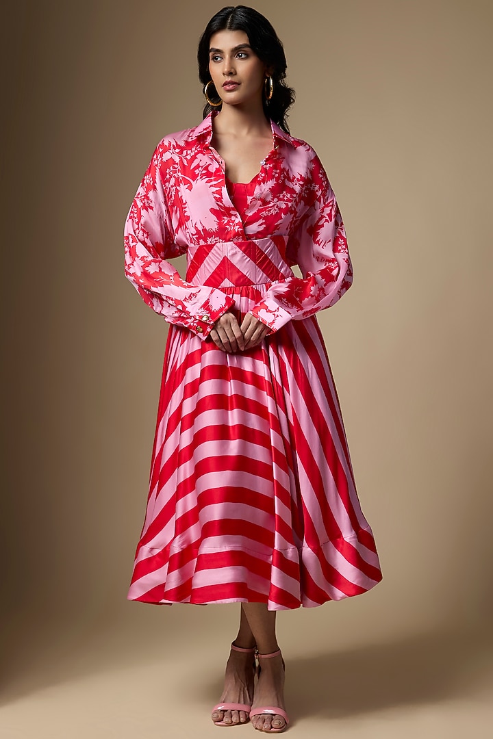 Pink & Red Pure Satin Silk Striped Printed Shirt by Ranbir Mukherjee at Pernia's Pop Up Shop