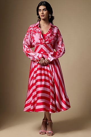 Pink & Red Pure Satin Silk Striped Printed Shirt by Ranbir Mukherjee