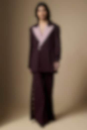 Wine Suiting Floral Motif Printed Blazer Set by Ranbir Mukherjee at Pernia's Pop Up Shop