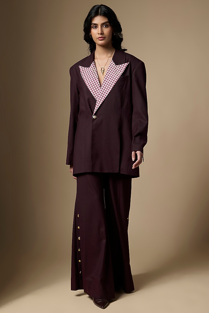 Wine Suiting Floral Motif Printed Blazer Set by Ranbir Mukherjee at Pernia's Pop Up Shop