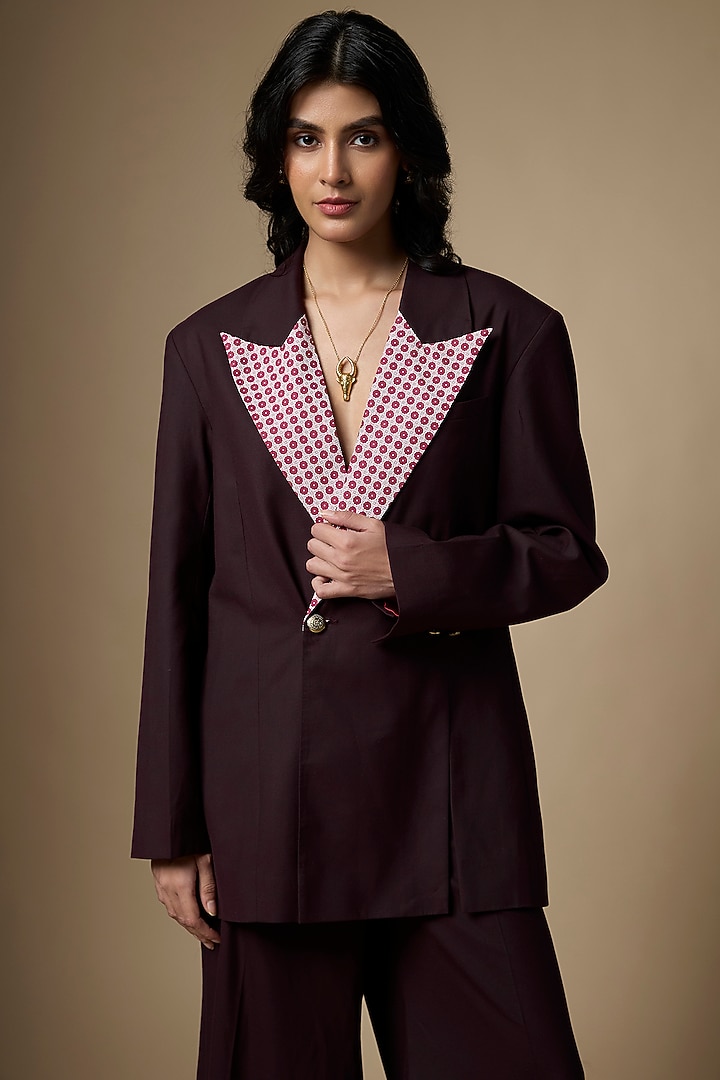 Wine Suiting Floral Motif Printed Blazer Set by Ranbir Mukherjee at Pernia's Pop Up Shop