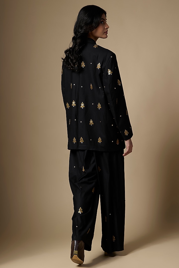 Black Suiting Tikki Hand Embroidered Blazer Set by Ranbir Mukherjee at Pernia's Pop Up Shop