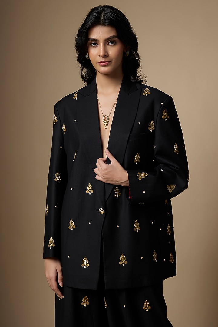 Black Suiting Tikki Hand Embroidered Blazer Set by Ranbir Mukherjee at Pernia's Pop Up Shop
