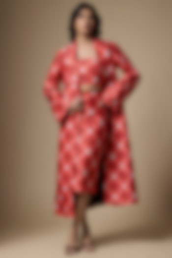 Red Pure Satin Abstract Printed Skirt Set by Ranbir Mukherjee at Pernia's Pop Up Shop