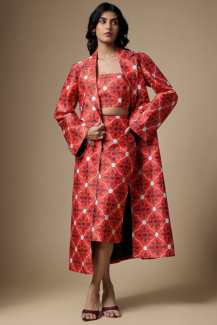Red Pure Satin Abstract Printed Skirt Set by Ranbir Mukherjee at Pernia's Pop Up Shop