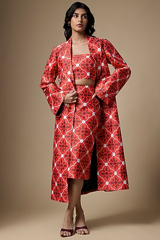 Red Pure Satin Abstract Printed Skirt Set by Ranbir Mukherjee