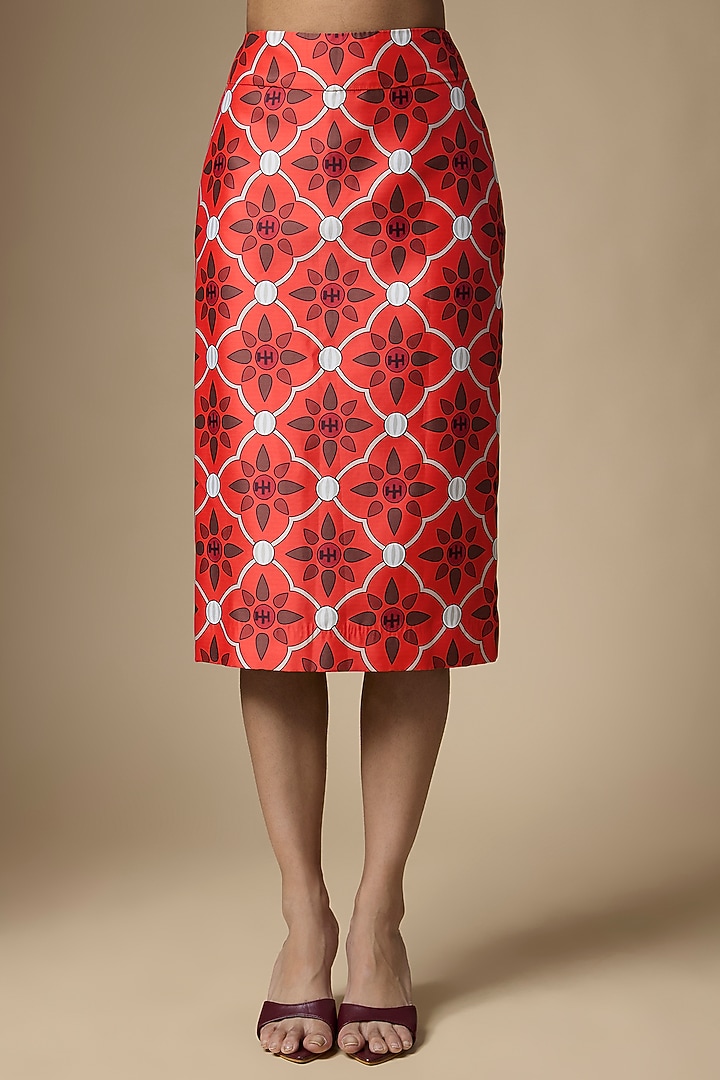 Red Pure Satin Abstract Printed Skirt Set by Ranbir Mukherjee at Pernia's Pop Up Shop