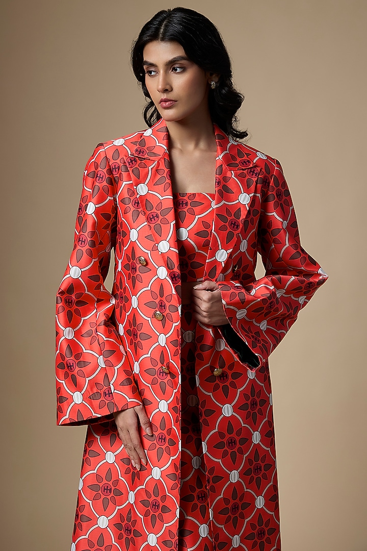 Red Pure Satin Abstract Printed Skirt Set by Ranbir Mukherjee at Pernia's Pop Up Shop