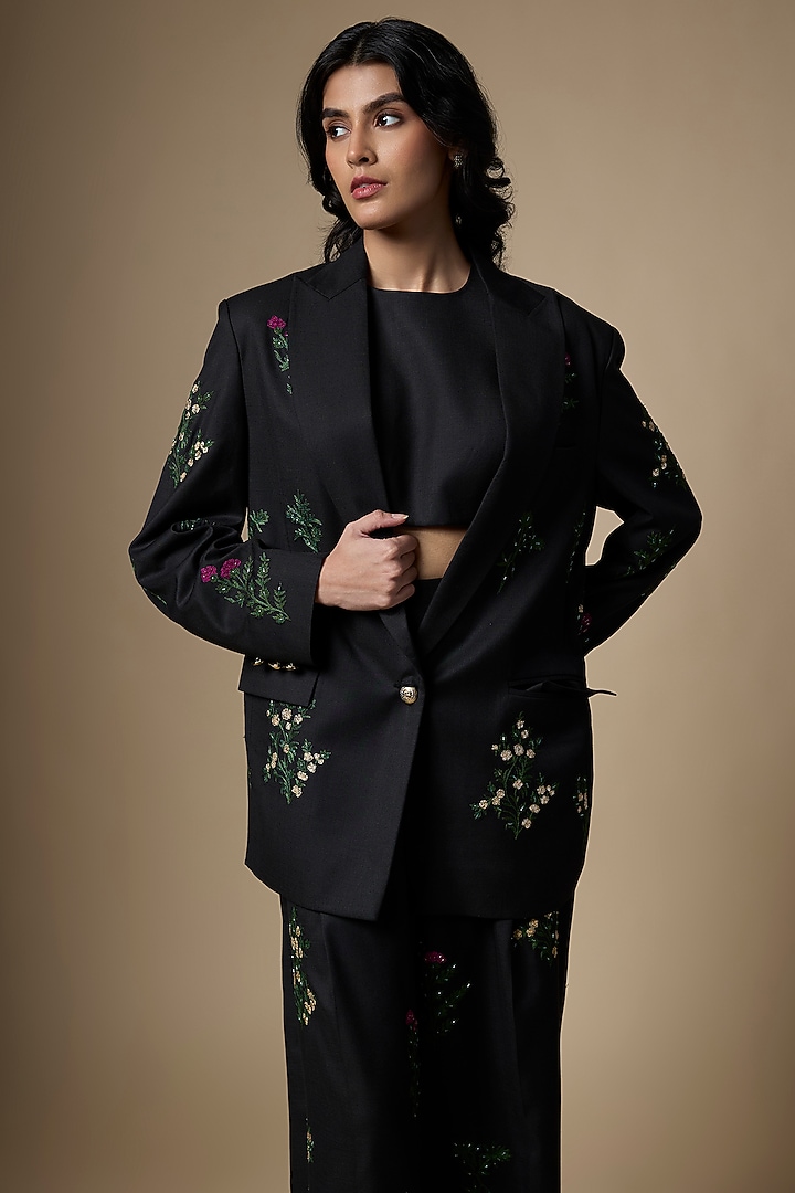 Black Suiting Hand Embroidered Blazer Set by Ranbir Mukherjee at Pernia's Pop Up Shop