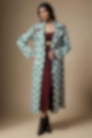 Green & White Suiting Abstract Printed Trench Coat by Ranbir Mukherjee at Pernia's Pop Up Shop