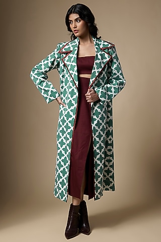 Green & White Suiting Abstract Printed Trench Coat by Ranbir Mukherjee