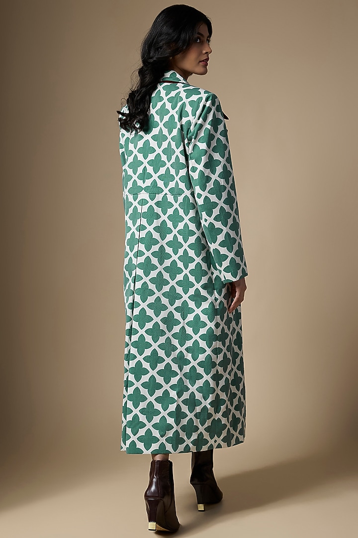 Green & White Suiting Abstract Printed Trench Coat by Ranbir Mukherjee at Pernia's Pop Up Shop