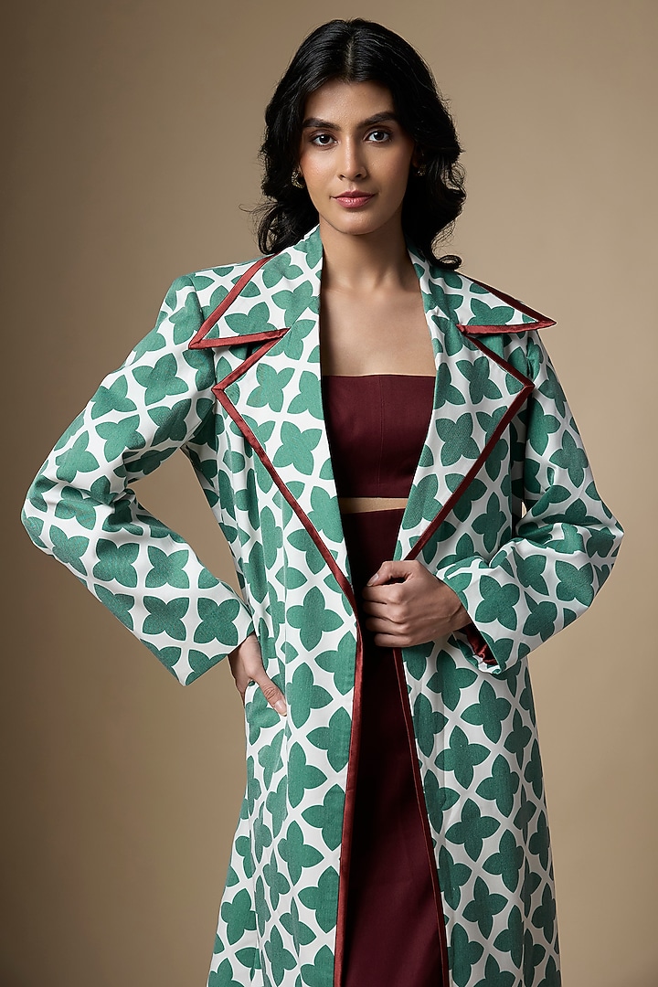 Green & White Suiting Abstract Printed Trench Coat by Ranbir Mukherjee at Pernia's Pop Up Shop