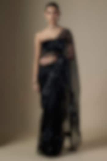 Black Pure Silk Organza Hand Embroidered Wedding Saree Set by Ranbir Mukherjee at Pernia's Pop Up Shop