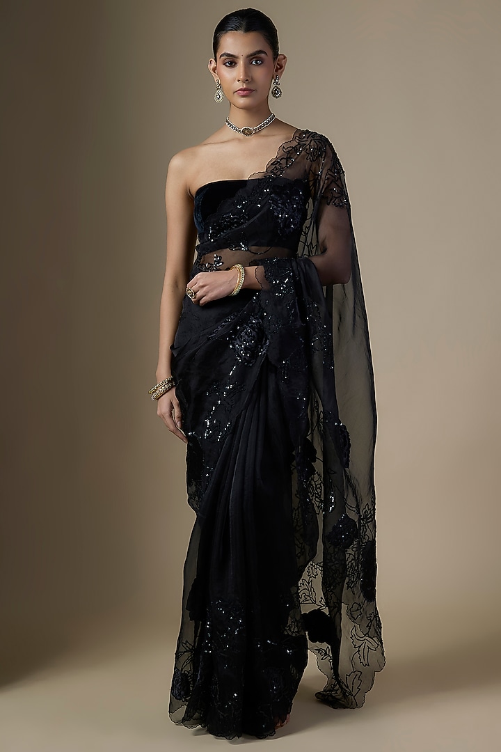 Black Pure Silk Organza Hand Embroidered Wedding Saree Set by Ranbir Mukherjee at Pernia's Pop Up Shop