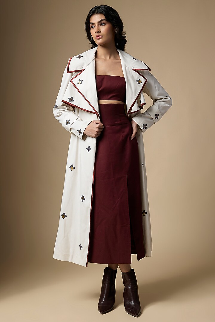 Beige Suiting Abstract Printed Trench Coat by Ranbir Mukherjee at Pernia's Pop Up Shop