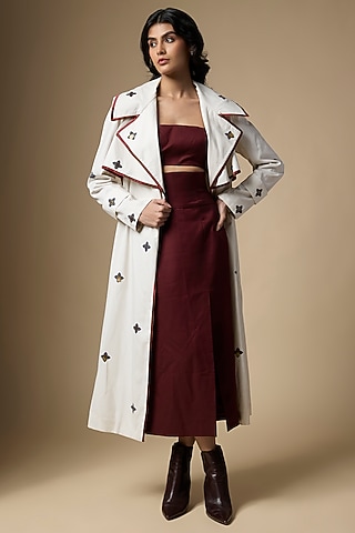 Beige Suiting Abstract Printed Trench Coat by Ranbir Mukherjee