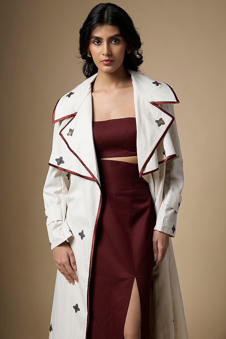 Beige Suiting Abstract Printed Trench Coat by Ranbir Mukherjee at Pernia's Pop Up Shop