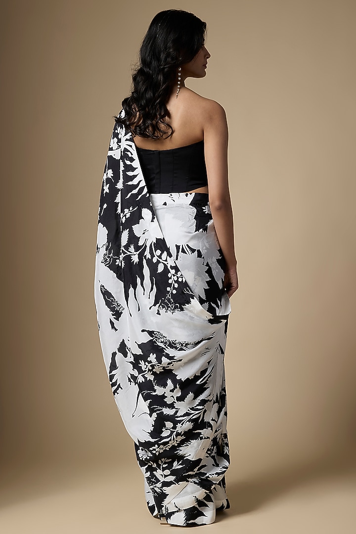 Black & White Pure Habutai Silk Floral Printed Festive Saree Set by Ranbir Mukherjee at Pernia's Pop Up Shop