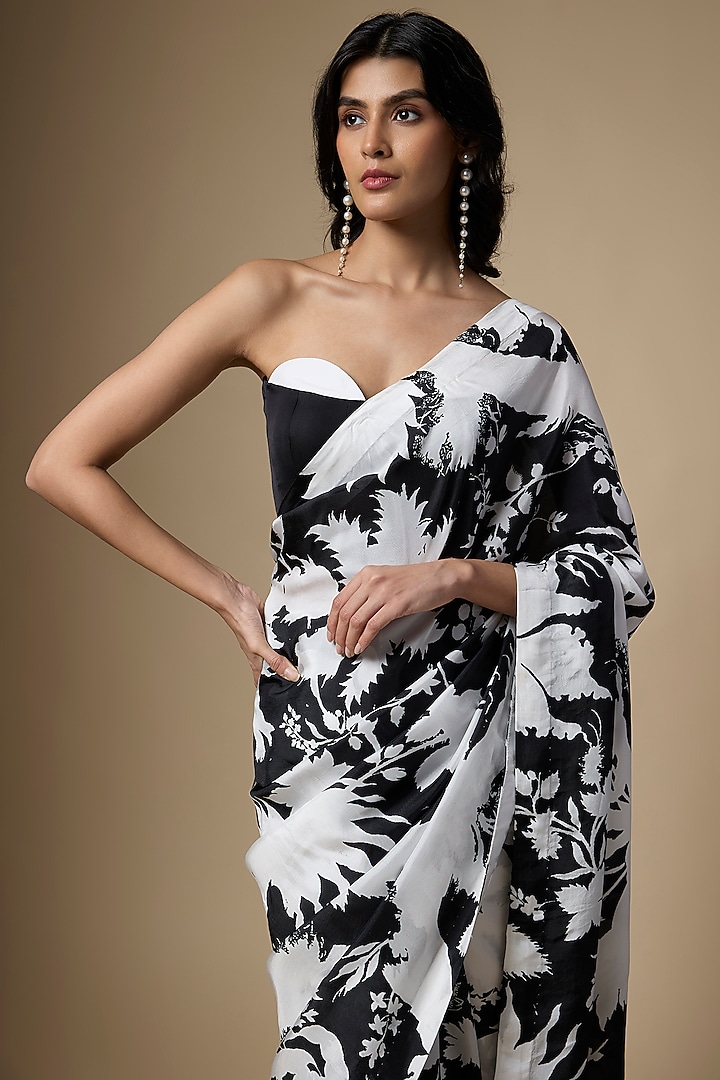 Black & White Pure Habutai Silk Floral Printed Festive Saree Set by Ranbir Mukherjee at Pernia's Pop Up Shop
