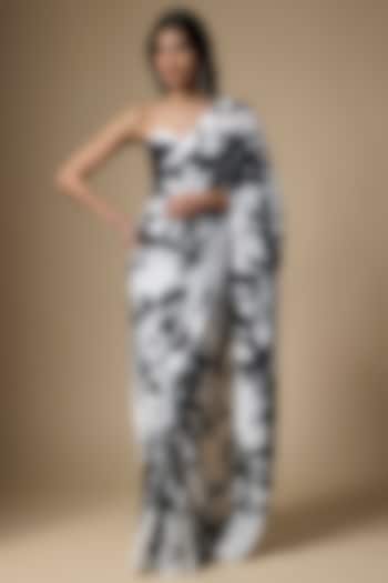 Black & White Pure Habutai Silk Floral Printed Festive Saree Set by Ranbir Mukherjee at Pernia's Pop Up Shop