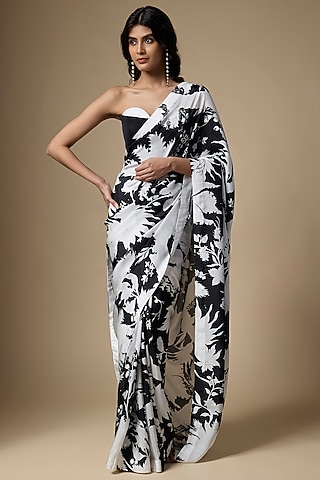 Black & White Pure Habutai Silk Floral Printed Saree Set by Ranbir Mukherjee