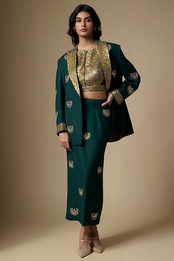 Green Suiting Tikki Hand Embroidered Skirt Set by Ranbir Mukherjee at Pernia's Pop Up Shop