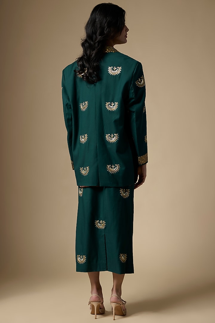 Green Suiting Tikki Hand Embroidered Skirt Set by Ranbir Mukherjee at Pernia's Pop Up Shop