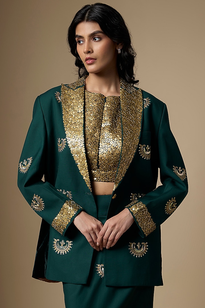 Green Suiting Tikki Hand Embroidered Skirt Set by Ranbir Mukherjee at Pernia's Pop Up Shop