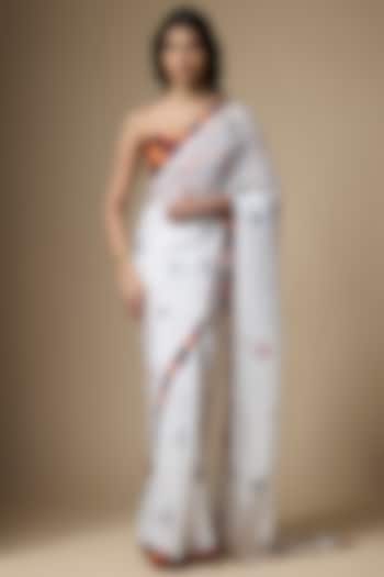 White Pure Soft Organza Floral Printed Festive Saree Set by Ranbir Mukherjee at Pernia's Pop Up Shop