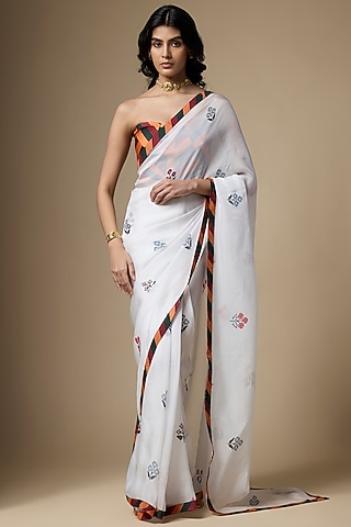 White Pure Soft Organza Floral Printed Saree Set by Ranbir Mukherjee
