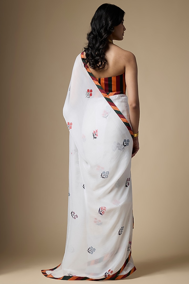 White Pure Soft Organza Floral Printed Festive Saree Set by Ranbir Mukherjee at Pernia's Pop Up Shop