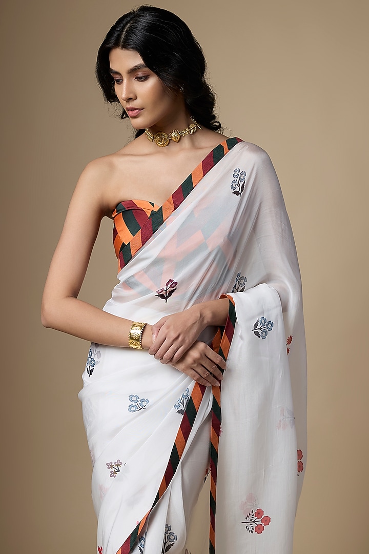 White Pure Soft Organza Floral Printed Festive Saree Set by Ranbir Mukherjee at Pernia's Pop Up Shop