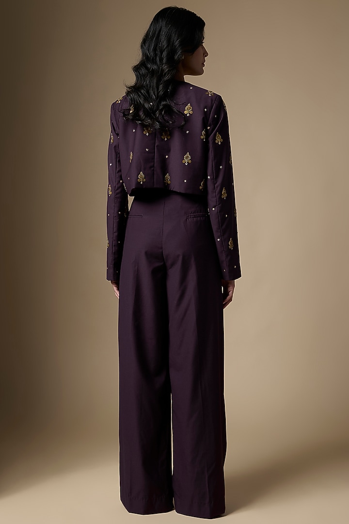Wine Suiting Tikki Hand Embroidered Crop Blazer Set by Ranbir Mukherjee at Pernia's Pop Up Shop