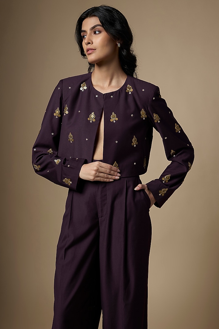 Wine Suiting Tikki Hand Embroidered Crop Blazer Set by Ranbir Mukherjee at Pernia's Pop Up Shop