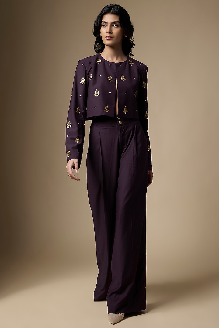 Wine Suiting Tikki Hand Embroidered Crop Blazer Set by Ranbir Mukherjee at Pernia's Pop Up Shop