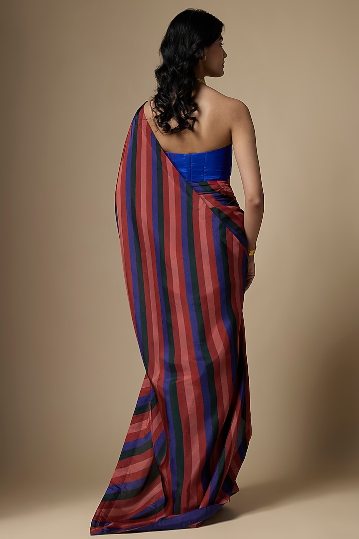 Multi-Colored Pure Satin Silk Striped Printed Saree Set by Ranbir Mukherjee at Pernia's Pop Up Shop