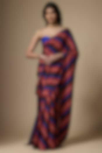 Multi-Colored Pure Satin Silk Striped Printed Saree Set by Ranbir Mukherjee at Pernia's Pop Up Shop