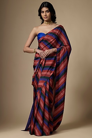 Multi-Colored Pure Satin Silk Striped Printed Saree Set by Ranbir Mukherjee
