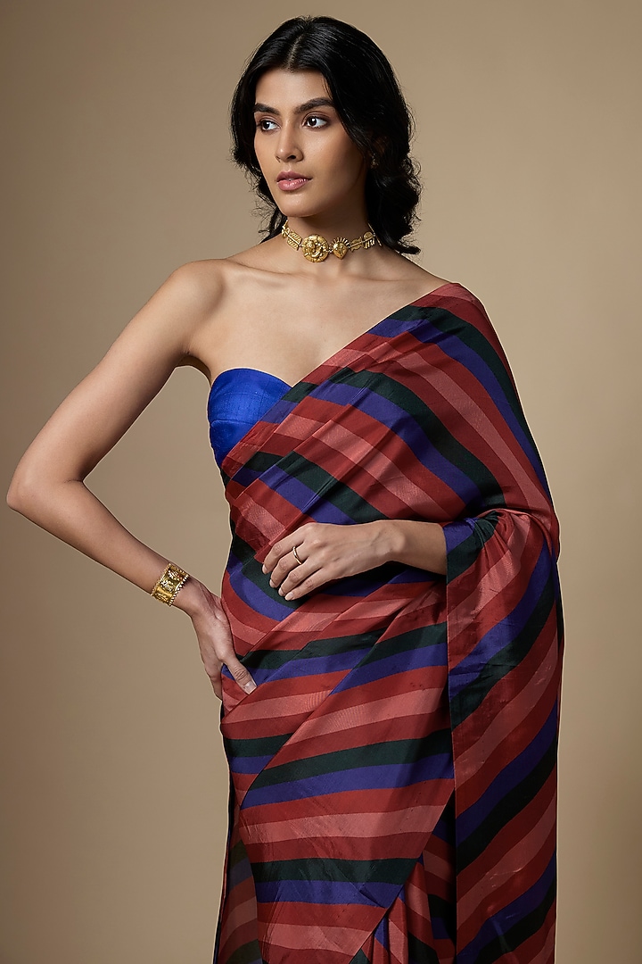 Multi-Colored Pure Satin Silk Striped Printed Saree Set by Ranbir Mukherjee at Pernia's Pop Up Shop