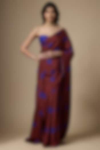 Brown Pure Habutai Silk Printed Festive Saree Set by Ranbir Mukherjee at Pernia's Pop Up Shop