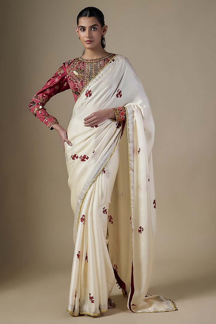 White Pure Satin Silk Printed & Embroidered Wedding Saree Set by Ranbir Mukherjee at Pernia's Pop Up Shop