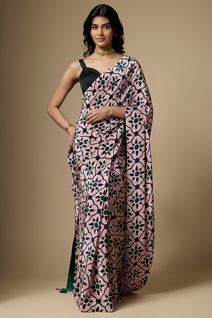Pink & Green Pure Crepe Printed Festive Saree Set by Ranbir Mukherjee at Pernia's Pop Up Shop