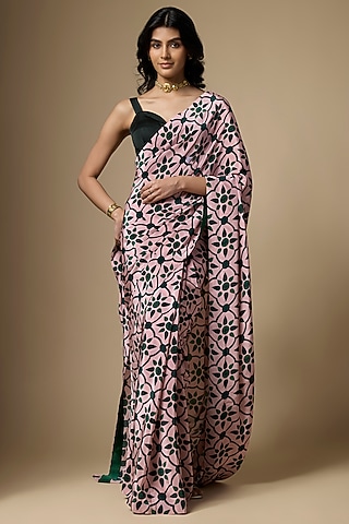 Pink & Green Pure Crepe Printed Saree Set by Ranbir Mukherjee