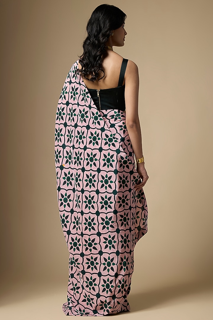 Pink & Green Pure Crepe Printed Festive Saree Set by Ranbir Mukherjee at Pernia's Pop Up Shop