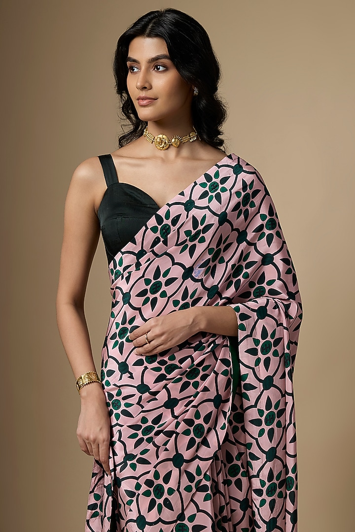 Pink & Green Pure Crepe Printed Festive Saree Set by Ranbir Mukherjee at Pernia's Pop Up Shop