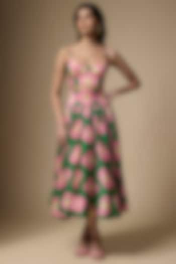 Green & Pink Pure Satin Silk Floral Printed Skirt Set by Ranbir Mukherjee at Pernia's Pop Up Shop